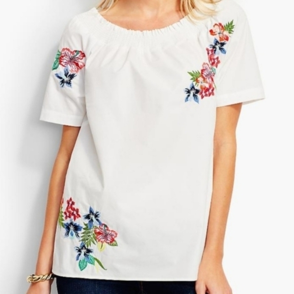 Talbots White Top Bluse with Multicolor Floral Embroidery Women Size M 100%cotto